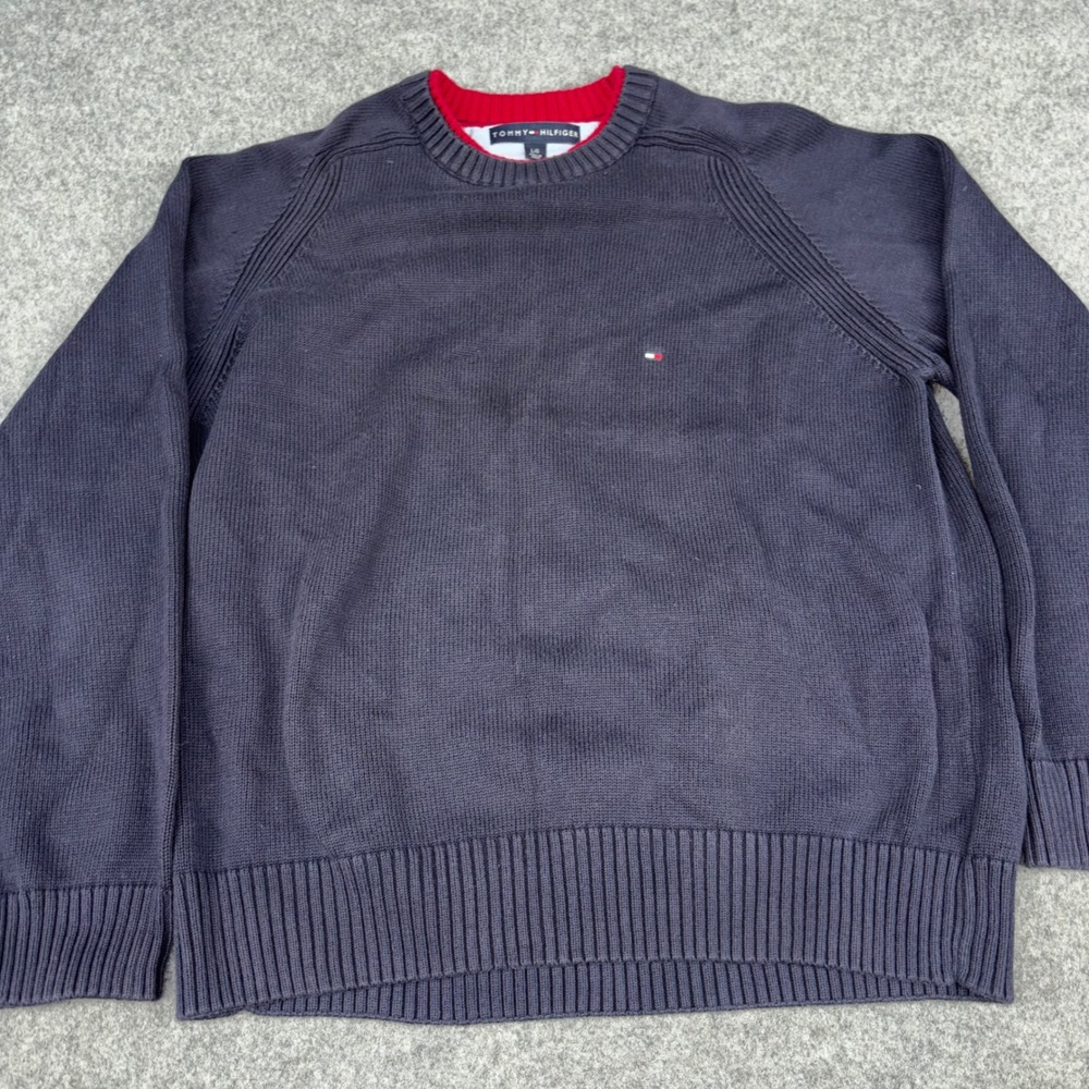 Tommy Hilfiger Sweater Mens Large Navy Blue Cotton Knit Crew Neck Pullover Logo